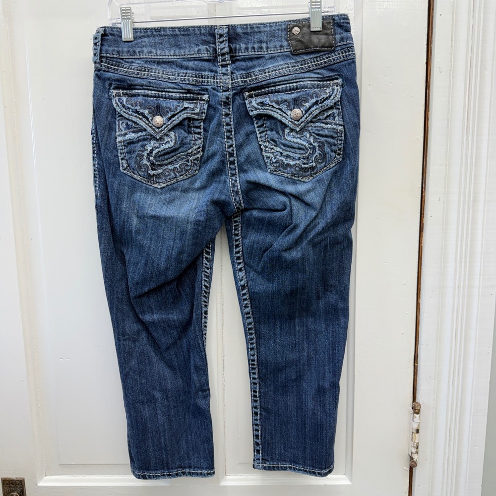 Silver Suki Flap Capri Jeans Women 29 Blue Sequined Embellished Pockets - Picture 6 of 9